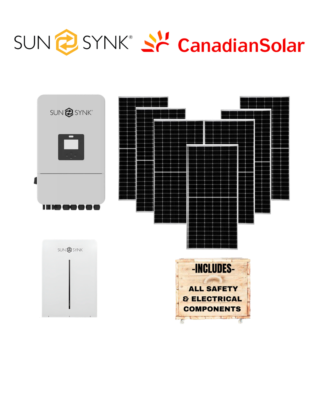 Sunsynk 8kW Inverter + Sunsynk 5kW Battery + 8 Canadian Panels + All Fittings