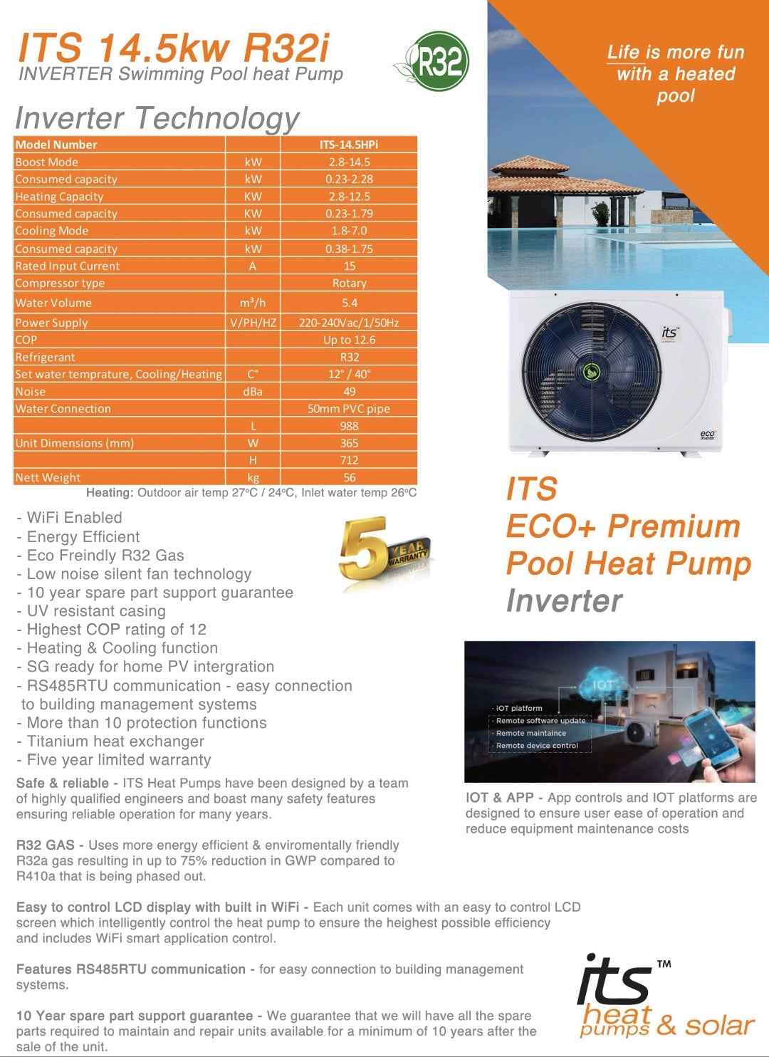 ITS 14.5kW Inverter Pool Heat Pump ECO+Premium 29kW Combo