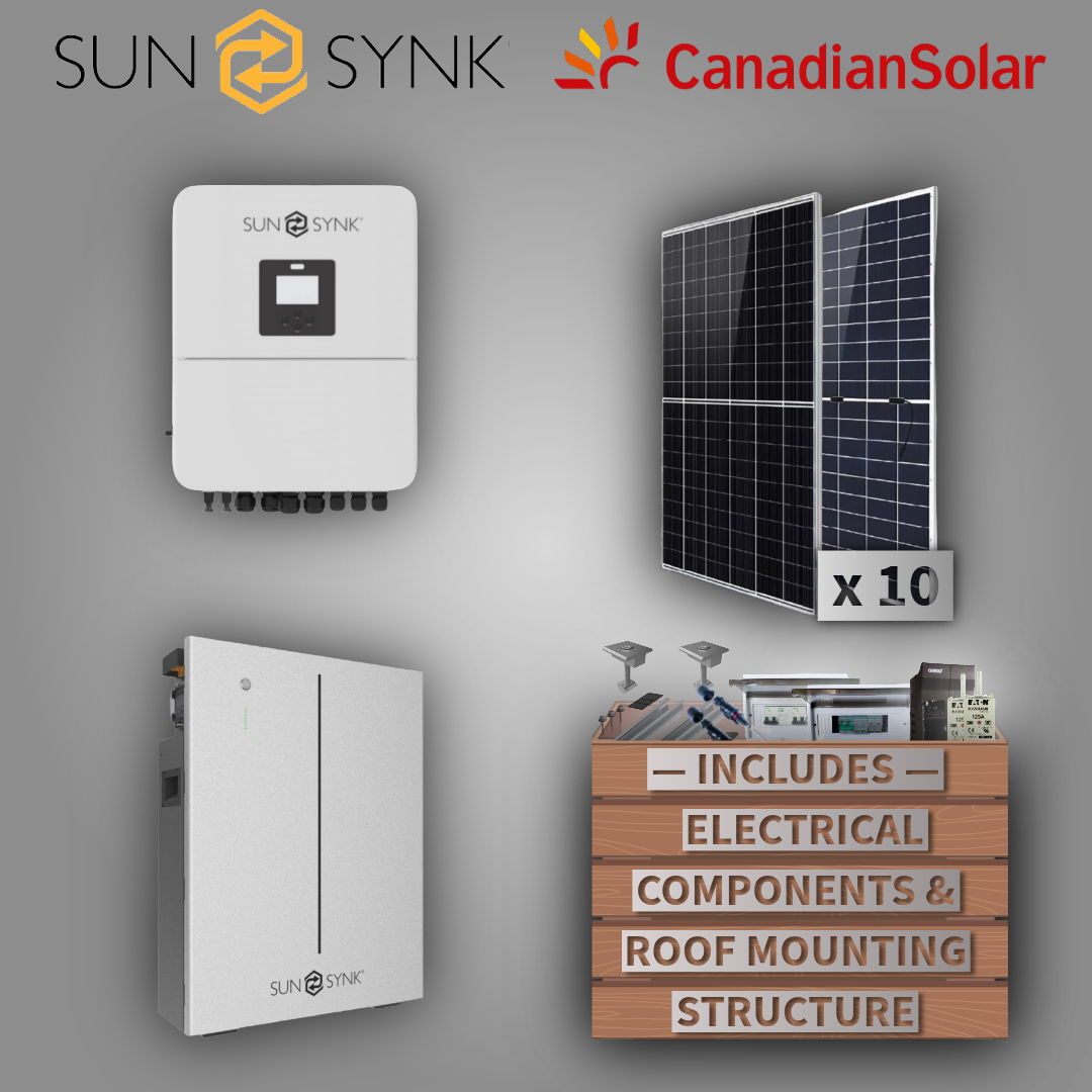 Sunsynk 5kW 1P Inverter + Sunsynk 10.24kWh + 10 Canadian Solar panels