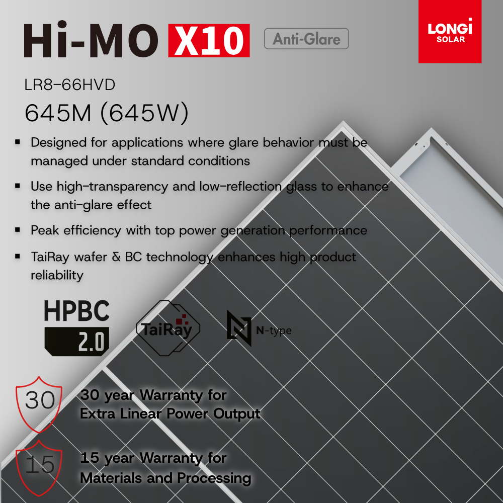 LONGi 645W Bifacial Double-Glass Solar Panels with Anti-Glare