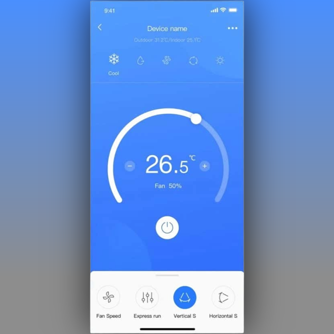 Smart home device control app interface on a smartphone with temperature display.
