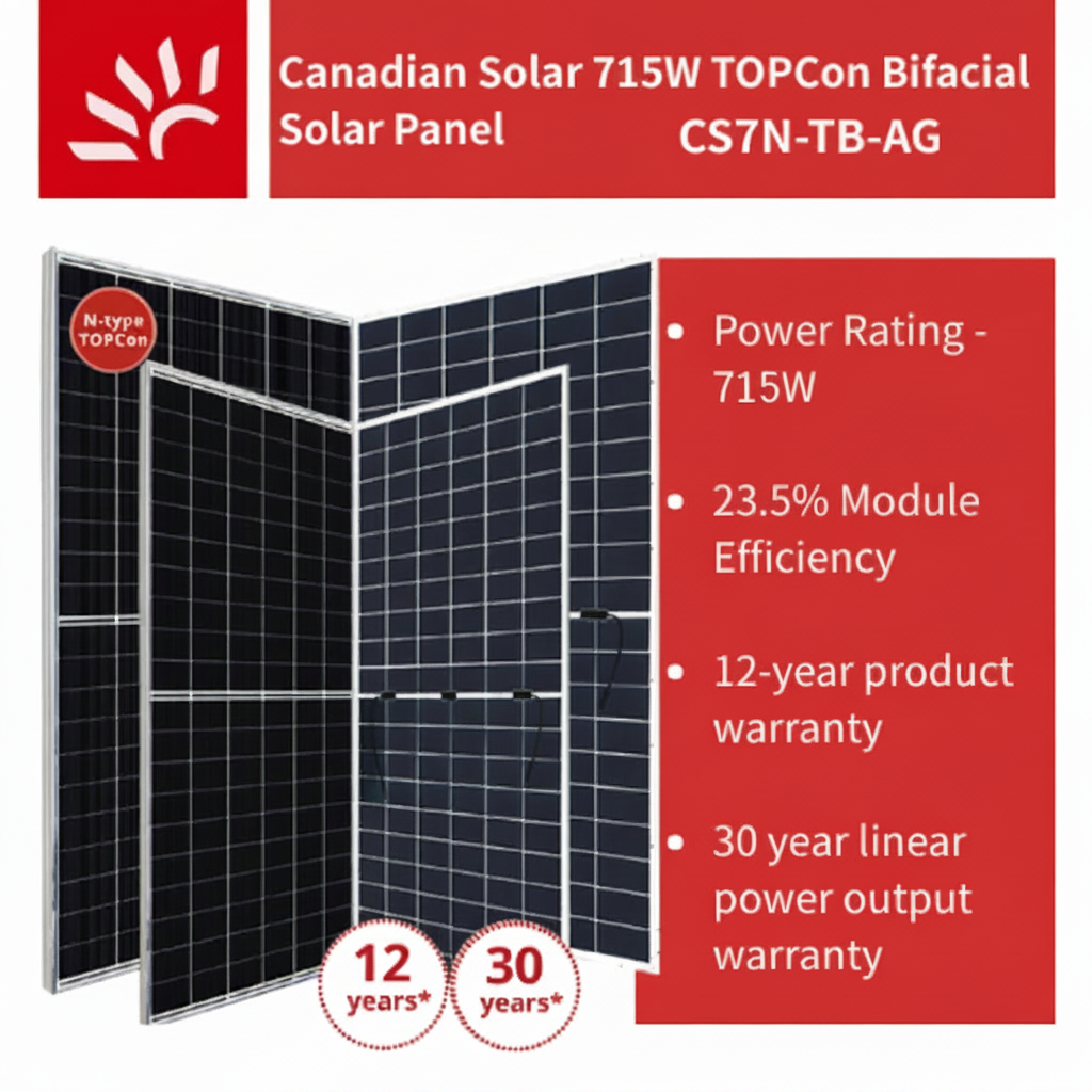 Canadian Solar 715W TOPCon bifacial solar panel CS7N-TBA-G shown in a promotional layout with red text panels listing key specifications: 715W power rating, 23.5% module efficiency, 12-year product warranty, and 30 year linear power output warranty.