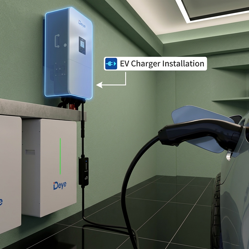 A wall-mounted Deye EV charger installation in a garage or charging station, shown connected to a vehicle with a charging cable. The charger is mounted on a green wall above a gray counter, with a white Deye battery unit below and a black tiled floor.