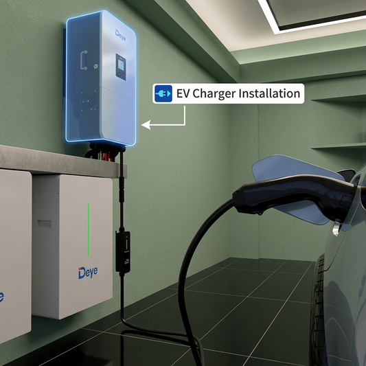 A wall-mounted Deye EV charger installation in a garage or charging station, shown connected to a vehicle with a charging cable. The charger is mounted on a green wall above a gray counter, with a white Deye battery unit below and a black tiled floor.