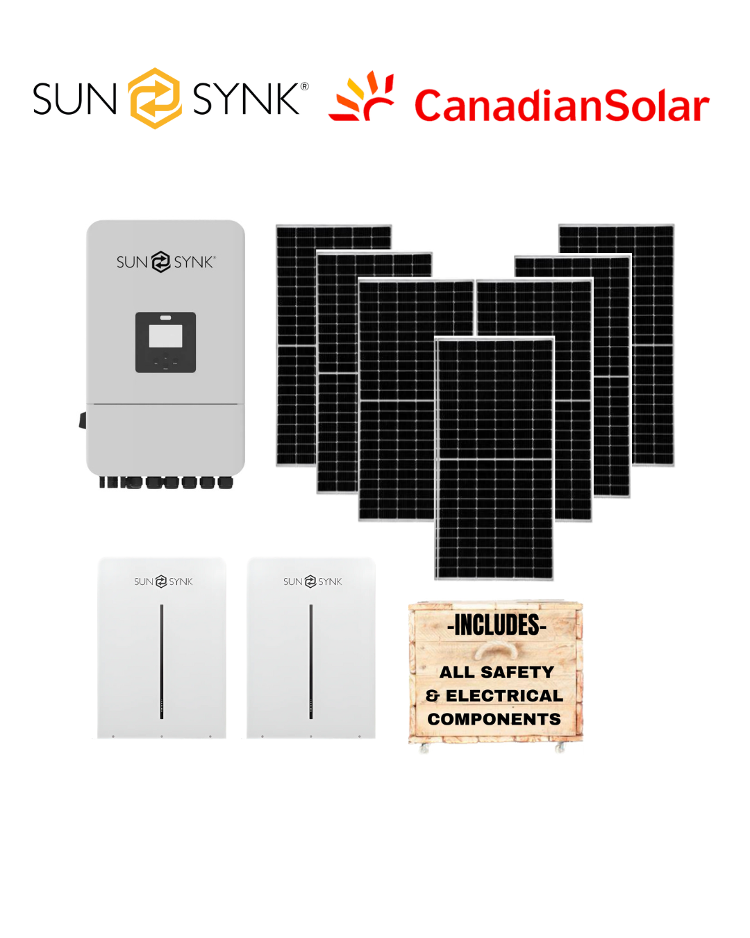 Sunsynk 8kW Inverter + Sunsynk 5kW Battery X2 + 12 Canadian Panels + All Fittings