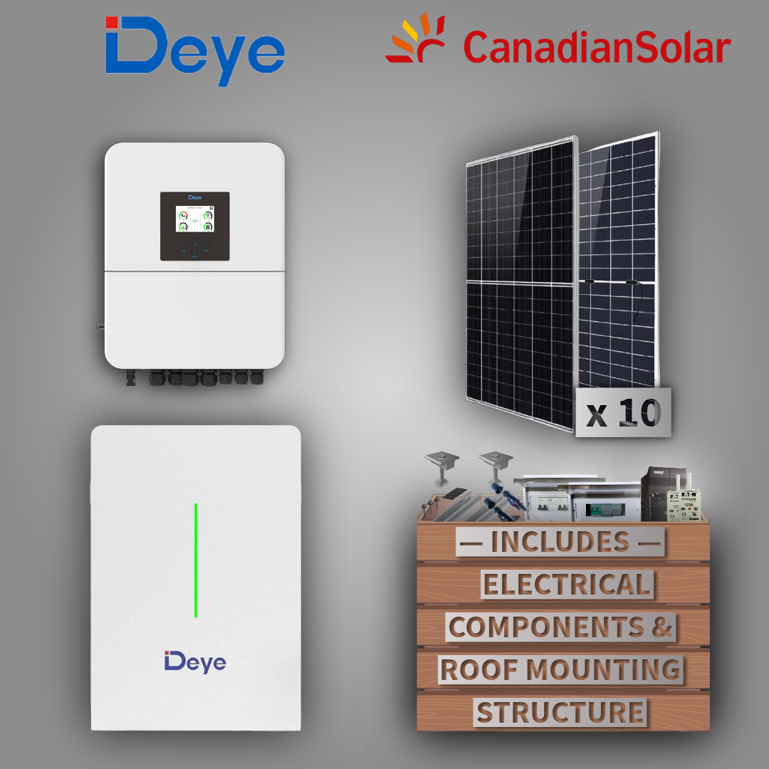 Deye 5kW 1P Hybrid Inverter (LV) + Deye Lithium Battery 10.6kWh + 10 Canadian Solar Panels