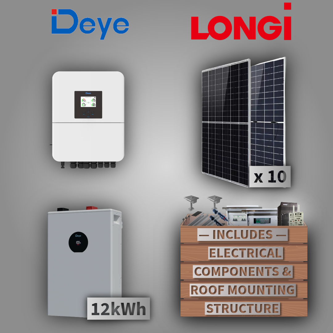 Deye 5kW 1P Hybrid Inverter (LV) + Deye Lithium Battery 12kWh + 10 Solar Panels